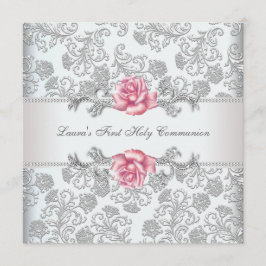 Damask Rosa Rosa Flickors Första Nattvard Inbjudningar