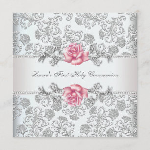 Damask Rosa Rosa Flickors Första Nattvard Inbjudningar