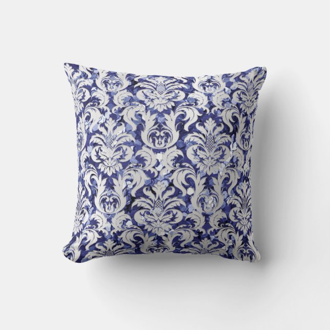 Damask Royal Glitter Silver Grått Indigo Blue Navy Kudde (Framsida)