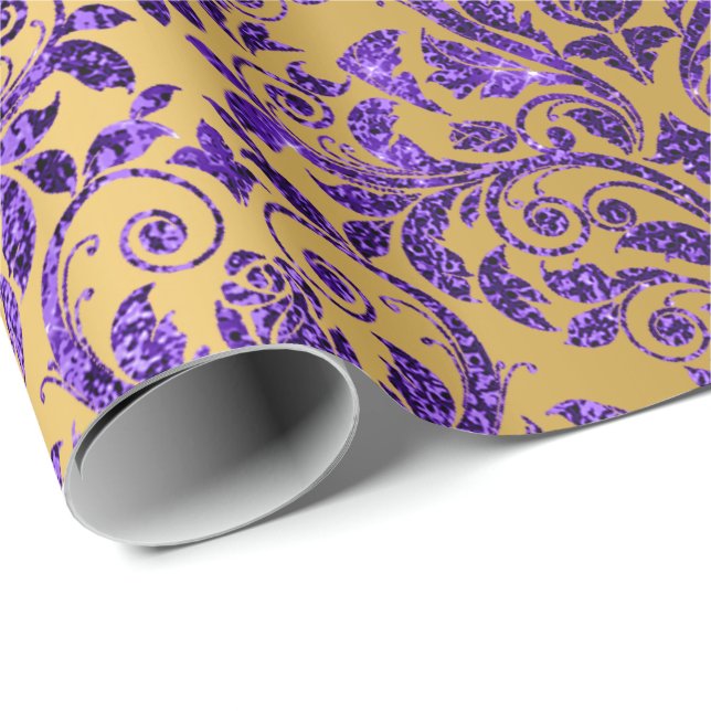 Damask Royal Lila Amethyst Violet Guld Honung Presentpapper (Rullad Hörn)