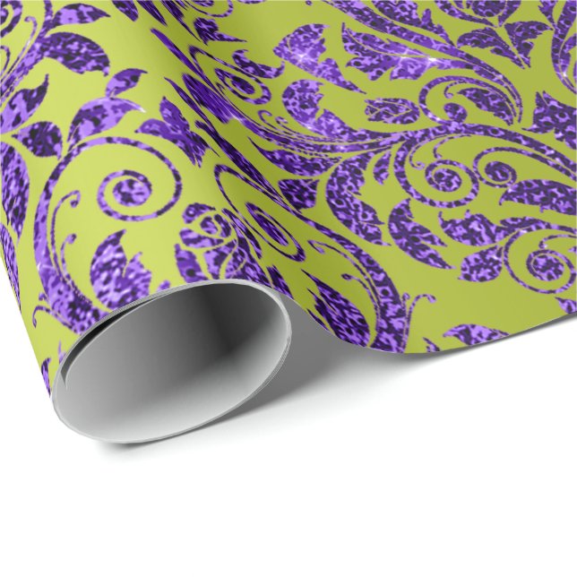 Damask Royal Lila Amethyst Violet Limet Green Presentpapper (Rullad Hörn)