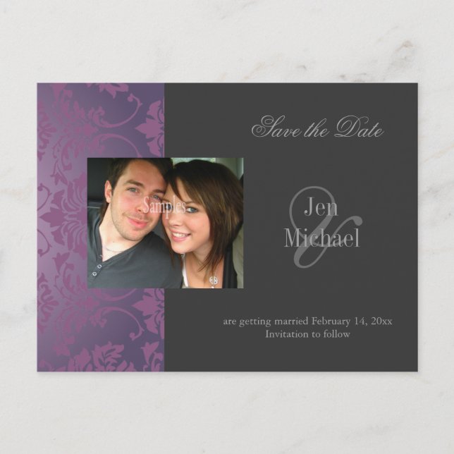 Damask Save the Date Foto postkort, Meddelande Vykort (Framsida)