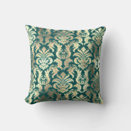 Damask Sepia Guld Lux Metallic Teal Velvet Effect Kudde