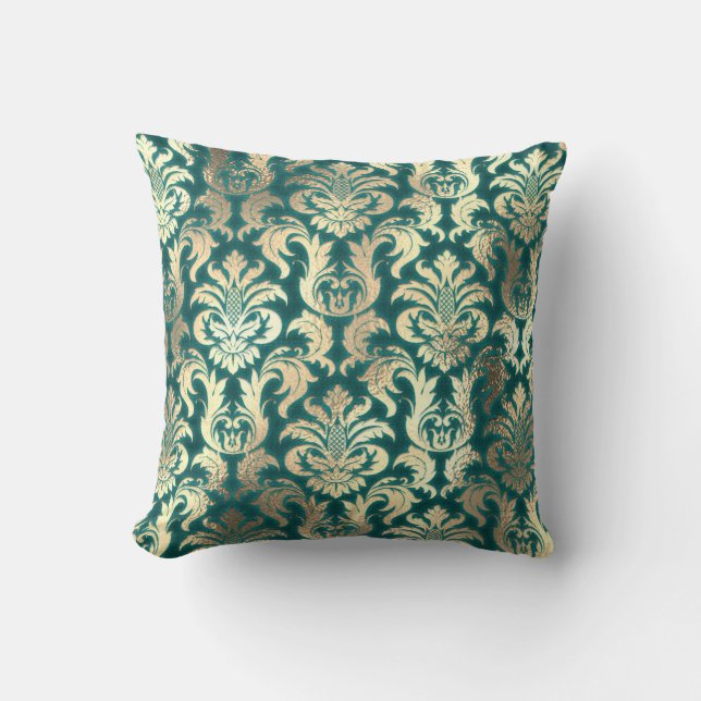 Damask Sepia Guld Lux Metallic Teal Velvet Effect Kudde (Framsida)
