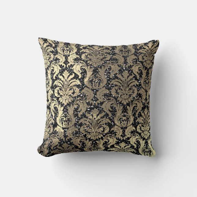 Damask Sepia Guld Metallic Black Glitter Kudde (Framsida)