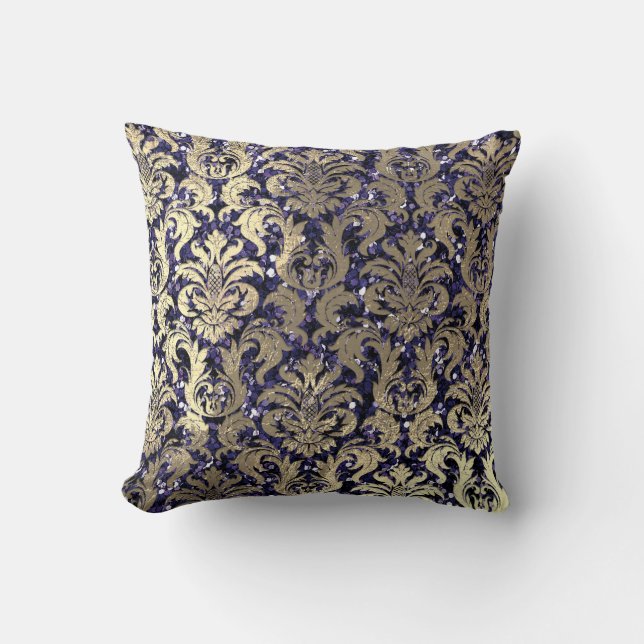 Damask Sepia Guld Metallic Blue Navy Glitter Kudde (Framsida)
