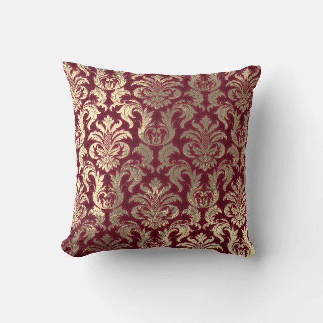 Damask Sepia Guld Metallic Burgundy Velvet Kudde (Framsida)
