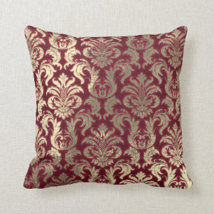 Damask Sepia Guld Metallic Burgundy Velvet Kudde