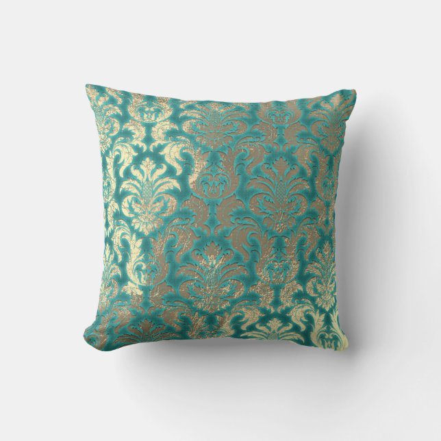 Damask Sepia Guld Metallic Mint Blu Velvet Effect Kudde (Framsida)