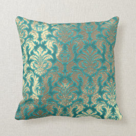 Damask Sepia Guld Metallic Mint Blu Velvet Effect Kudde