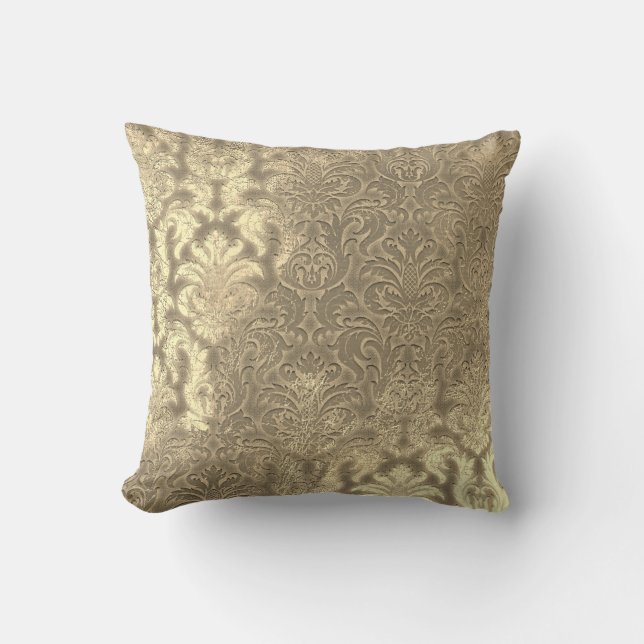 Damask Sepia Guld Metallic Velvet Effect Kudde (Framsida)