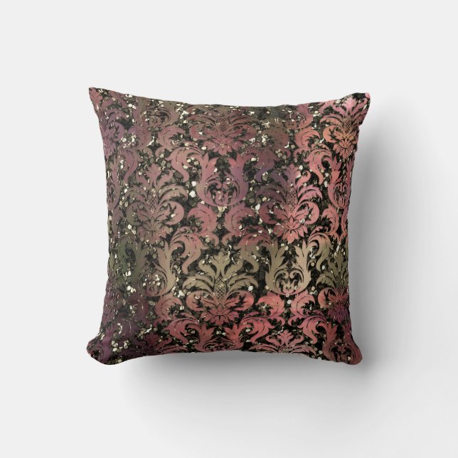 Damask Sepia Pastel Rosa Grönt Metallic Glitter Kudde (Framsida)