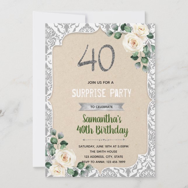 Damask silver 40-årsdag inbjudningar (Framsida)