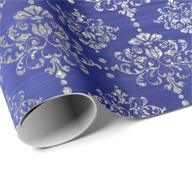 Damask Silver Cobalt Blue Royal Ornament Frankrike Presentpapper (Rullad Hörn)