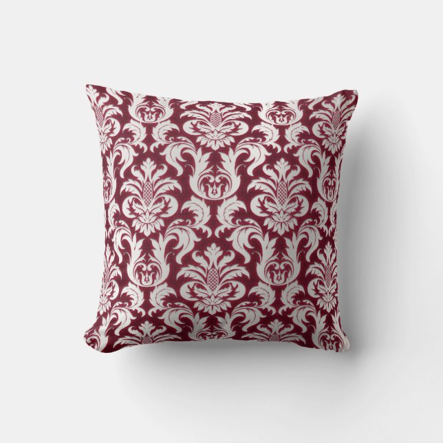 Damask Silver Grått Metallic Burgundy Velvet Kudde (Framsida)