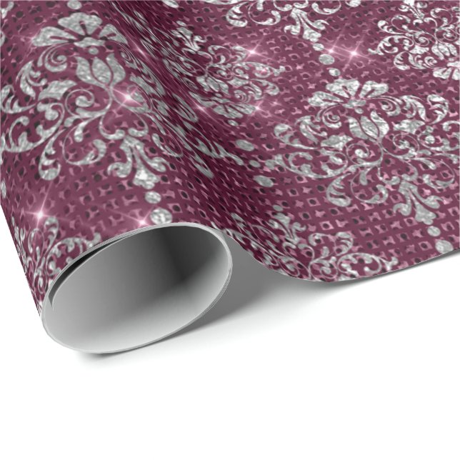 Damask Silver Grått Royal Burgundy Beet Sparkly Presentpapper (Rullad Hörn)