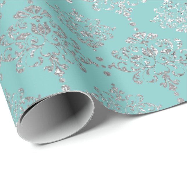 Damask Silver Grått Royal Metallic Aqua Blu Presentpapper (Rullad Hörn)