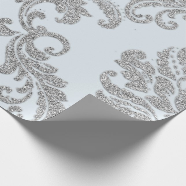 Damask Silver Grått Royal Metallic Blue Glitter Lu Presentpapper (Hörn)