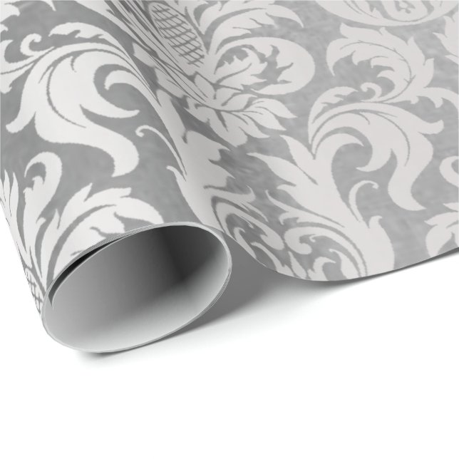 Damask Silver Grått Royal Metallic Elegant bröllop Presentpapper (Rullad Hörn)