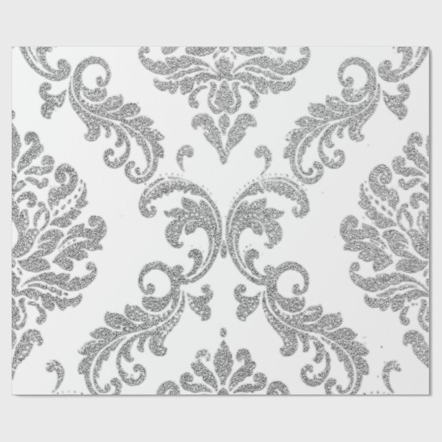 Damask Silver Grått Royal Metallic White Glitter Presentpapper (Platt)