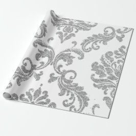 Damask Silver Grått Royal Metallic White Glitter Presentpapper