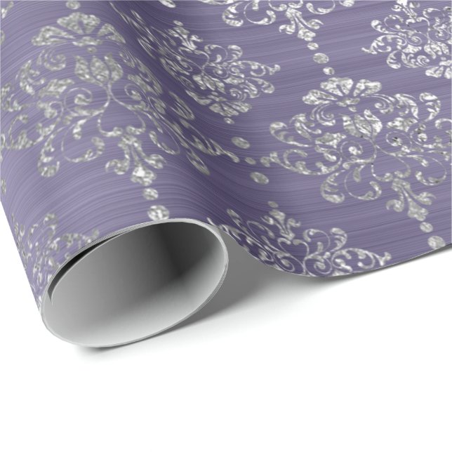 Damask Silver Lila Plum Royal Ornament Formellt  Presentpapper (Rullad Hörn)