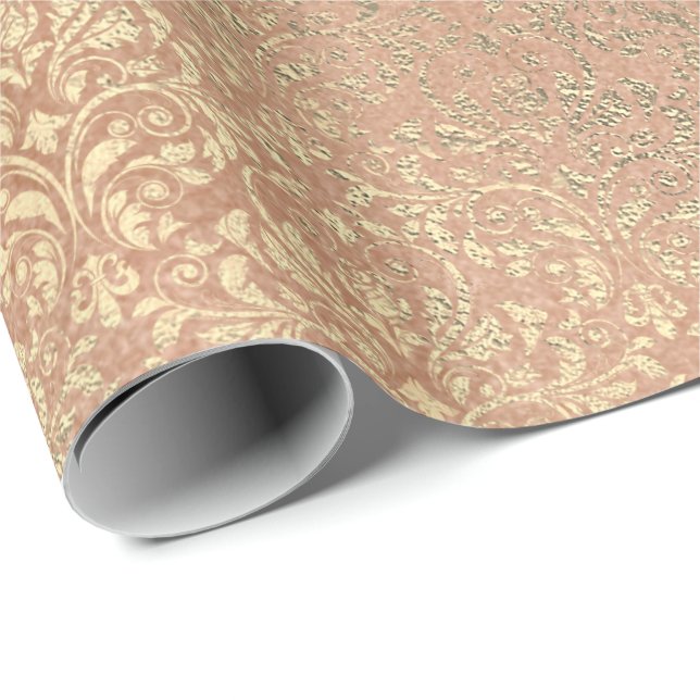 Damask Smala Peach Coral Ro Guld Metall Bride Presentpapper (Rullad Hörn)