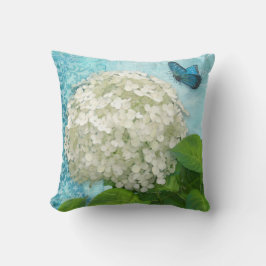 Damask Snowball White Hydrangea Blue Butterfly Art Kudde