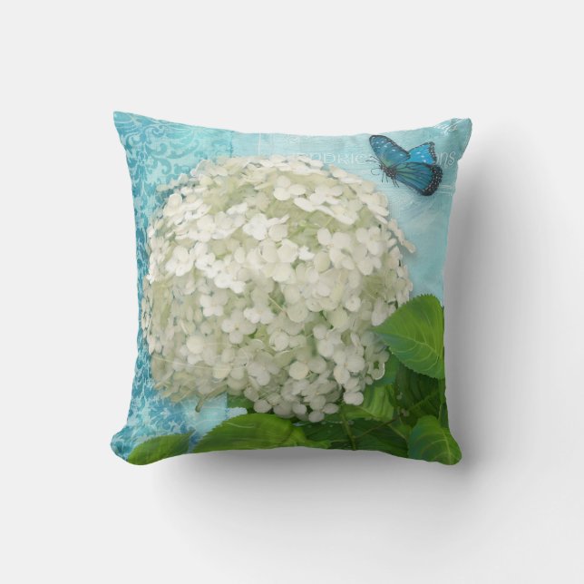 Damask Snowball White Hydrangea Blue Butterfly Art Kudde (Framsida)