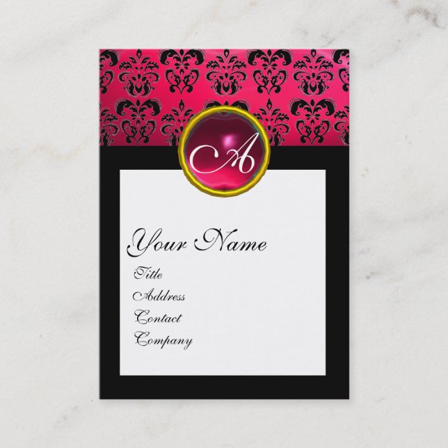 DAMASK SQUARE MONOGRAM,fuchsia,röd ruby Visitkort (Framsida)
