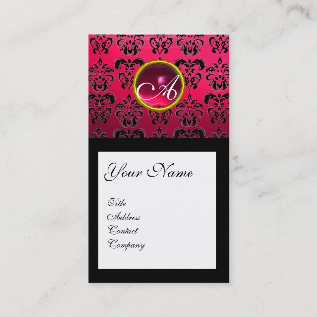 DAMASK SQUARE MONOGRAM,fuchsia,röd ruby Visitkort (Framsida)