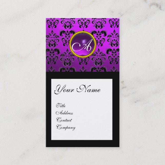 DAMASK SQUARE MONOGRAM, lila, violett ametyst Visitkort (Framsida)