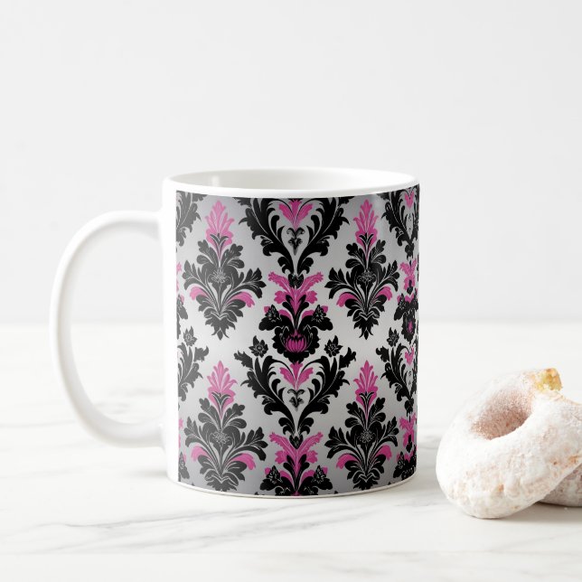 Damask Stil Coffee Mugg Rosa, Black och Silver (Med munk)