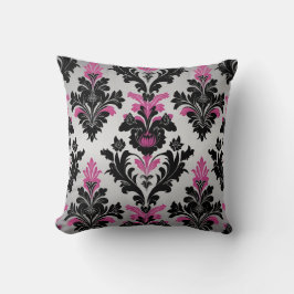 Damask stil Cushion Rosa, Black och Silver Kudde