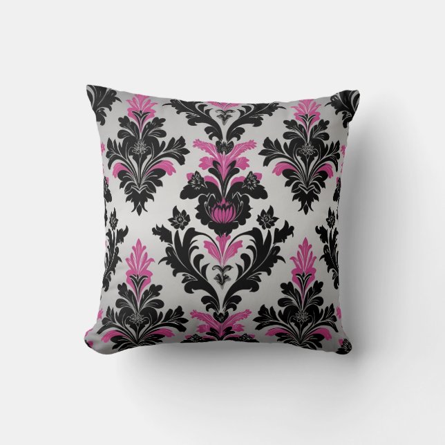 Damask stil Cushion Rosa, Black och Silver Kudde (Framsida)