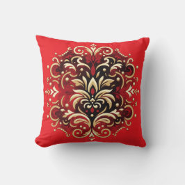 Damask Stil i Red, Guld och Black Kudde