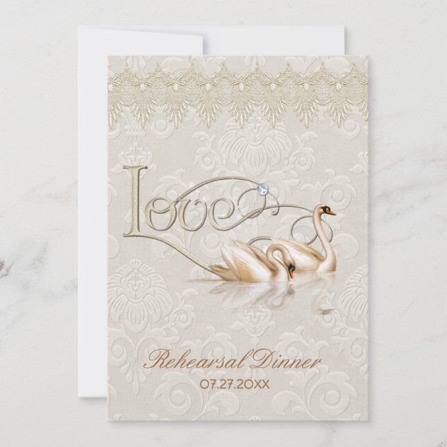 Damask Svan Elegance Ivory - Rehearsal Dinner Inbjudningar (Framsida)