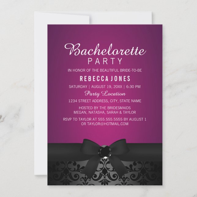 Damask Svart & Rosa Bow Sällskapslekar Inbjudan (Framsida)