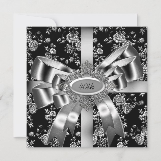 Damask Svart Vit Juvel Silver Båge 40-årsdag Inbjudningar (Framsida)