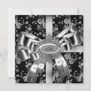 Damask Svart Vit Juvel Silver Båge 40-årsdag Inbjudningar