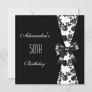 Damask Svart Vitt 50-års Födelsedagsinbjudan Blomm Inbjudningar
