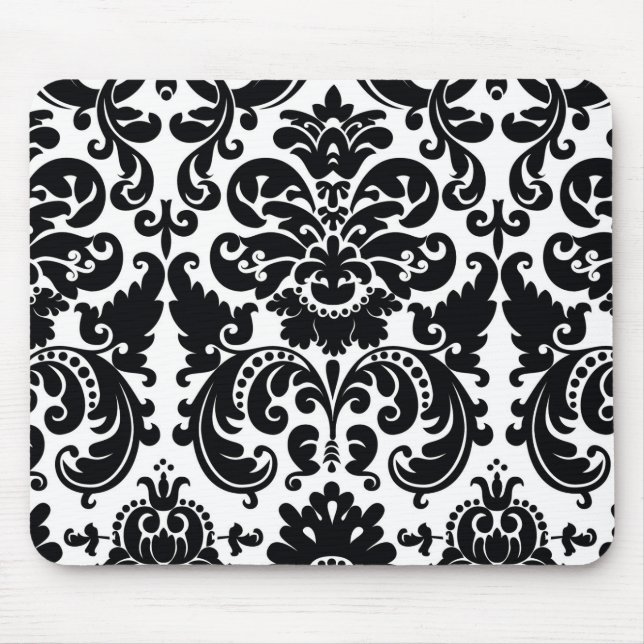 Damask Svart Vitt Elegant Chic Datormus Pad Musmatta (Framsidan)