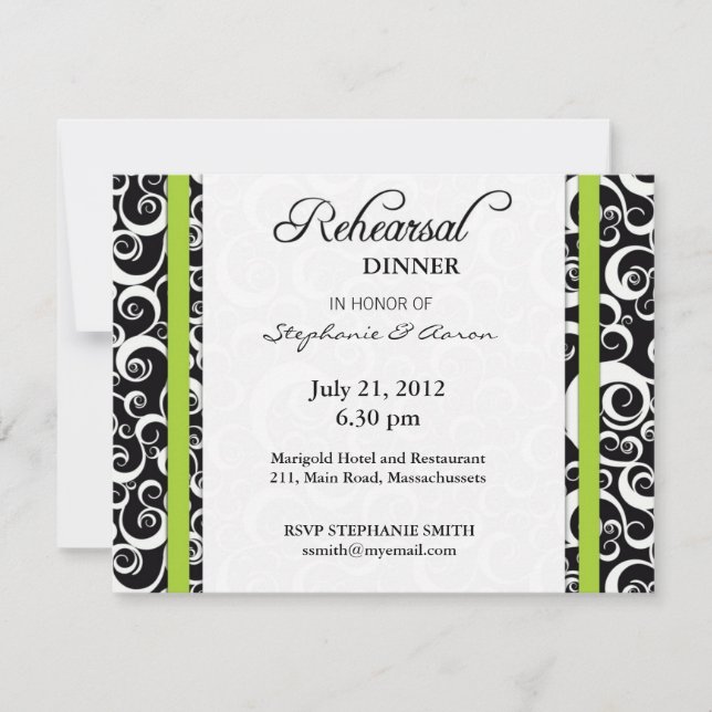 Damask Swirl Rehearsal Dinner Card i Grönt Inbjudningar (Framsida)