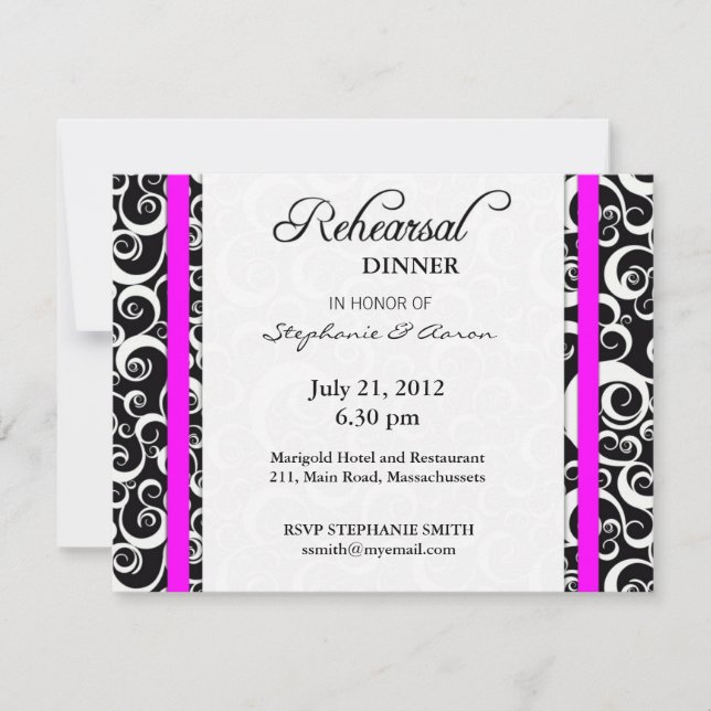 Damask Swirl Rehearsal Dinner Card in Fuchsia Inbjudningar (Framsida)