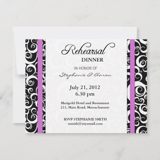 Damask Swirl Rehearsal Dinner Card in Lila Inbjudningar (Framsida)