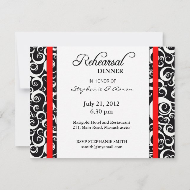 Damask Swirl Rehearsal Dinner Card in Red Inbjudningar (Framsida)