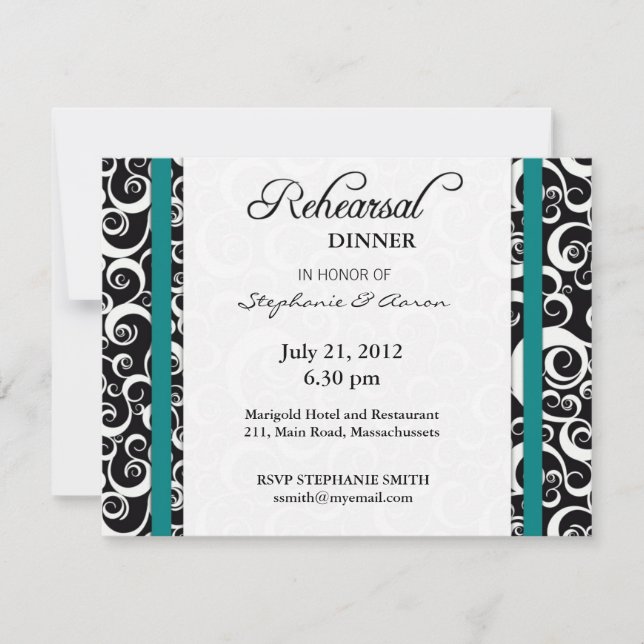 Damask Swirl Rehearsal Dinner Card in Teal Inbjudningar (Framsida)