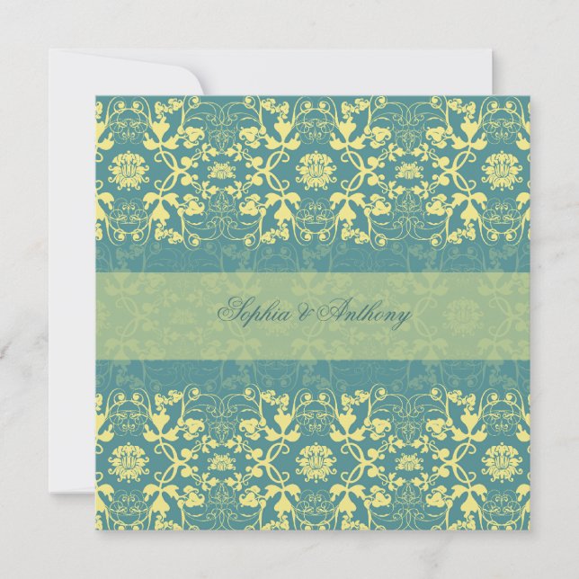 Damask Swirls Snöre Peacock Blue Wedding bjudande Inbjudningar (Framsida)