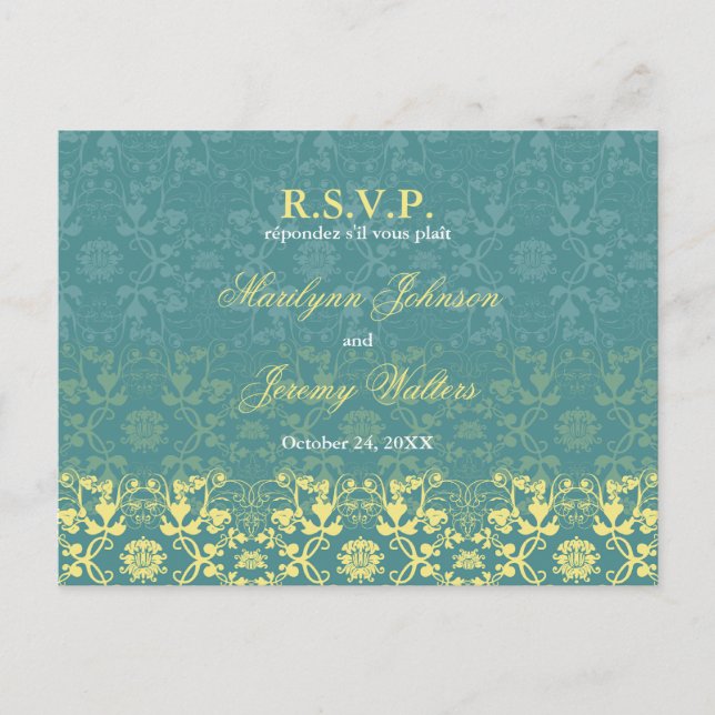 Damask Swirls Snöre Peacock OSA Bröllop vykort (Framsida)