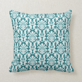 Damask Teal Blue Turcos Ocean White Velvet Kudde
